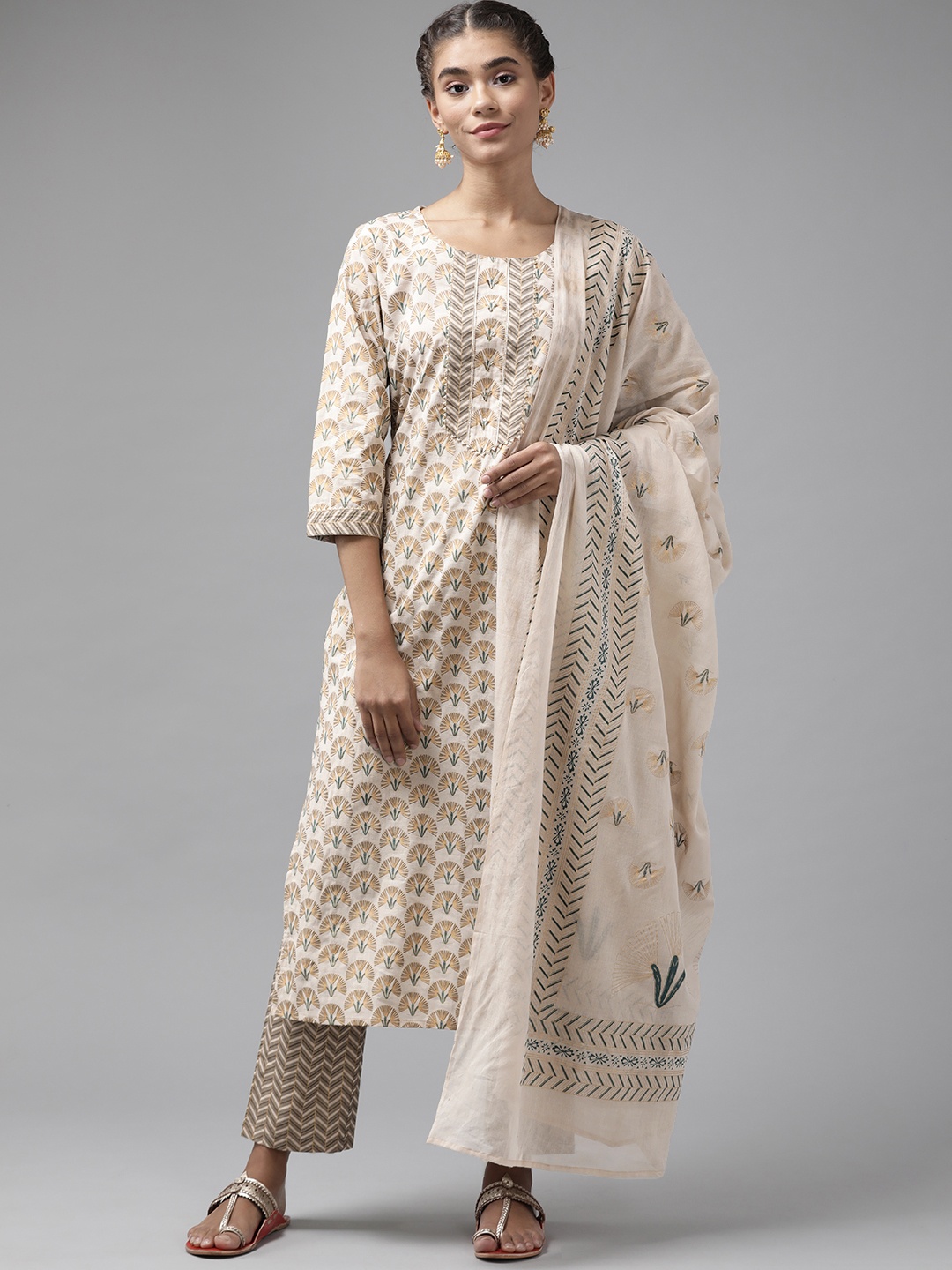 

Yufta Women Beige Printed Pure Cotton Kurta with Palazzos & With Dupatta