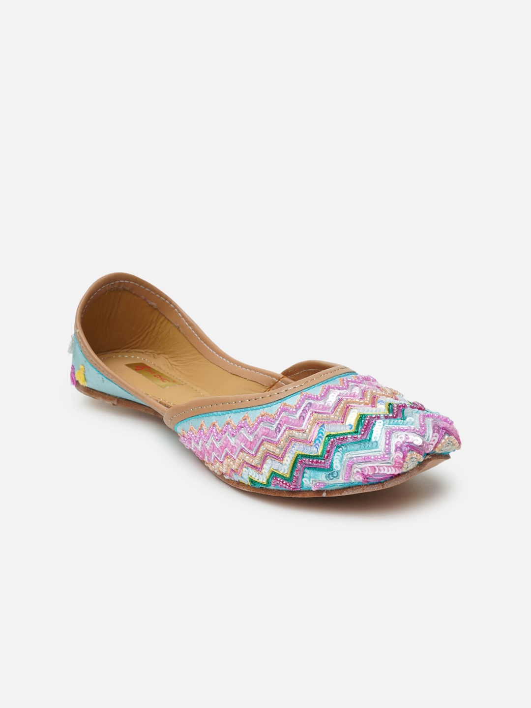 

Ta Chic Women Pink & Blue Printed Leather Ethnic Mojaris Flats, Multi