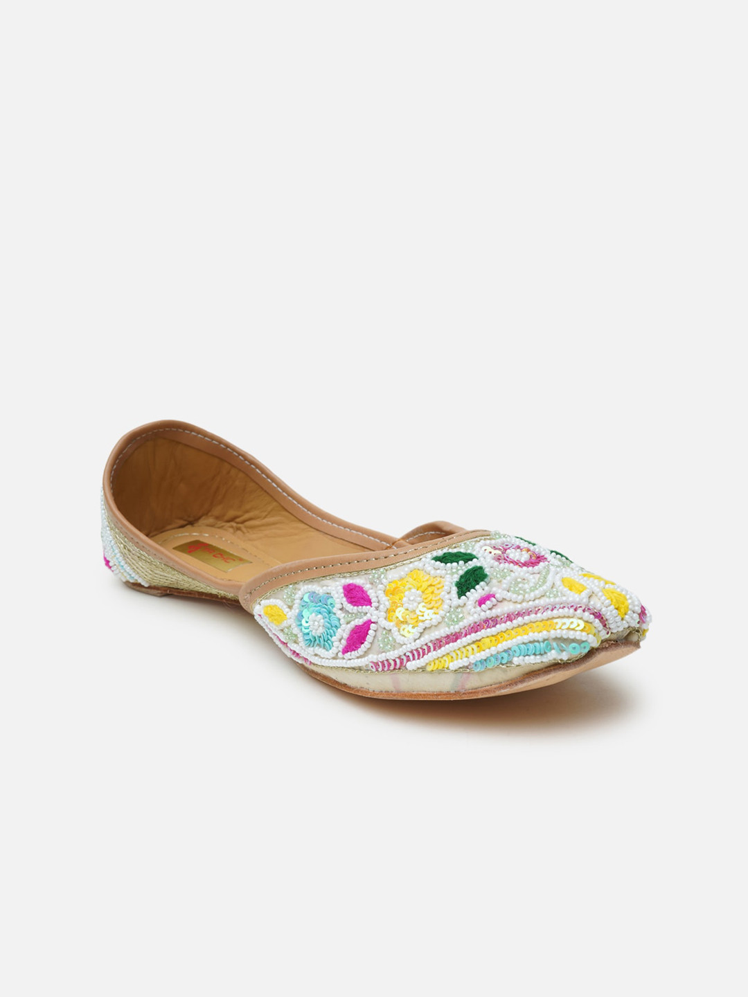 

Ta Chic Women White Printed Leather Ethnic Mojaris Flats