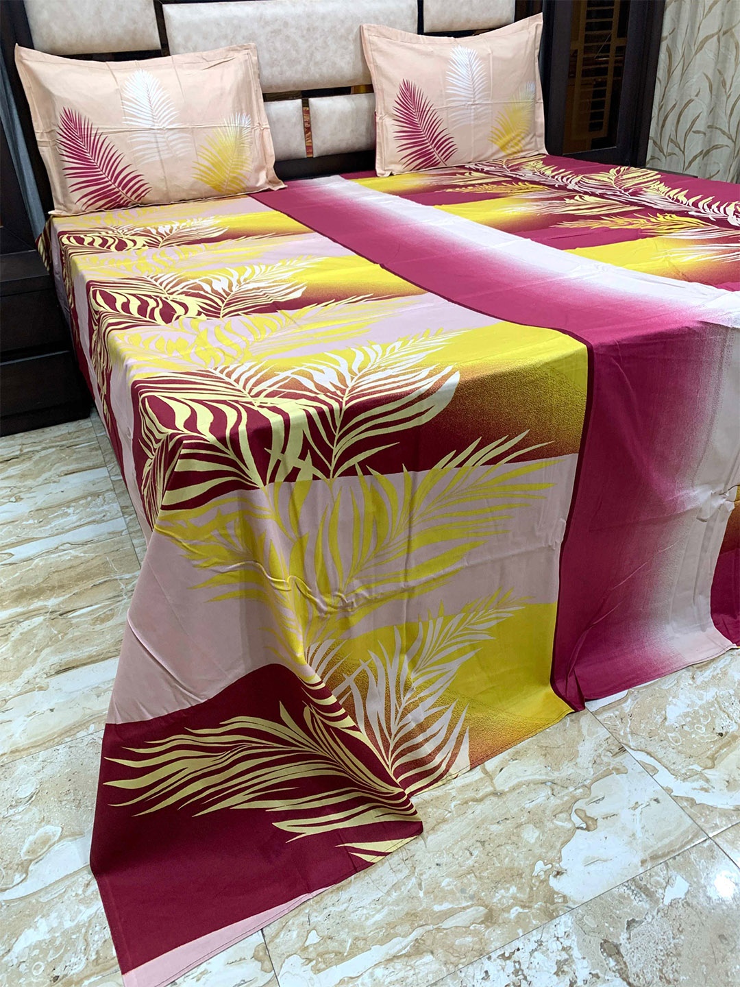 

Pure Decor Yellow & Red Floral 400 TC King Bedsheet with 2 Pillow Covers