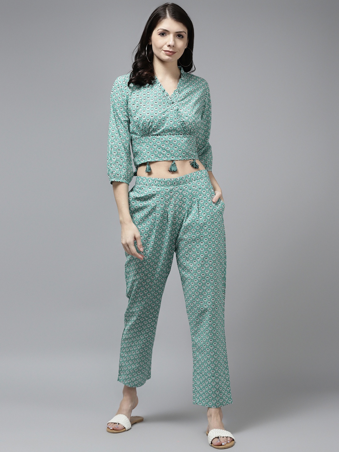 

Rain & Rainbow Women Teal Green & Black Printed Top with Trousers