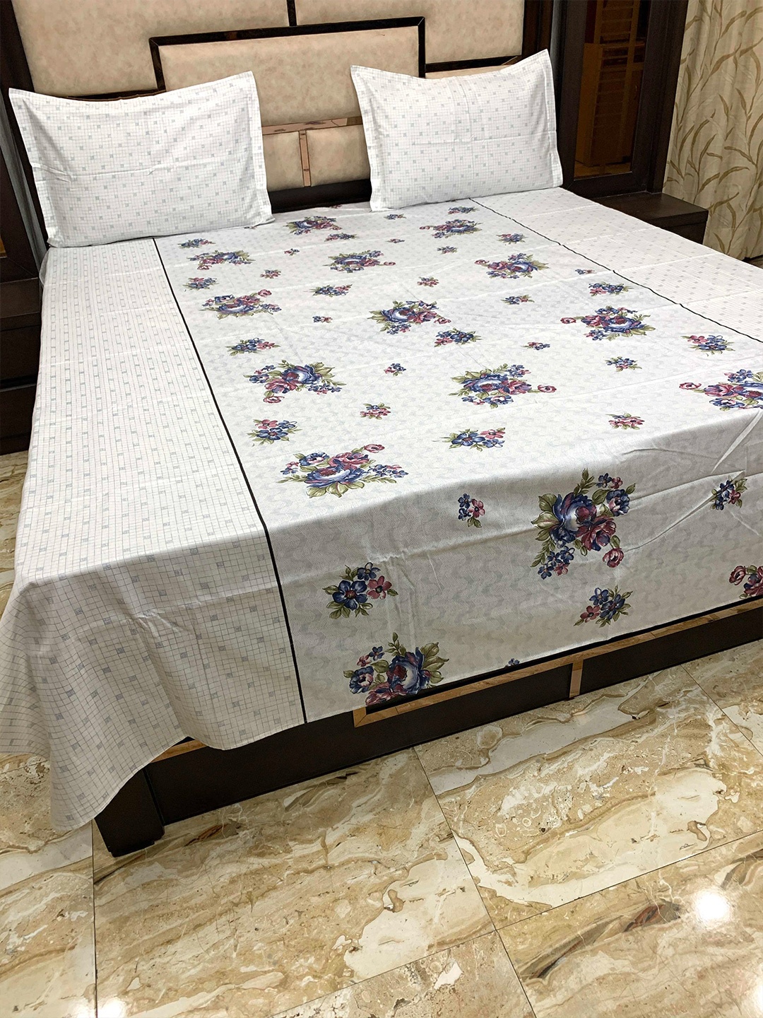 

Pure Decor White & Blue Floral 300 TC Queen Bedsheet with 2 Pillow Covers