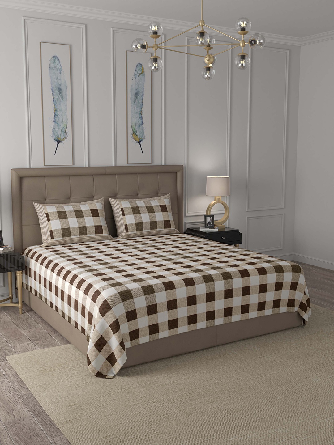 

JAIPUR FABRIC Brown & White Geometric King Bedsheet with 2 Pillow Covers