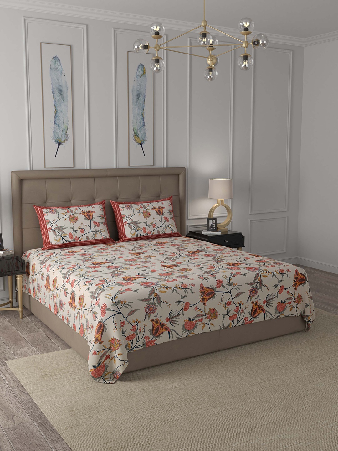 

JAIPUR FABRIC Red & Orange Floral Printed 240 TC King Bedsheet With 2 Pillow Covers