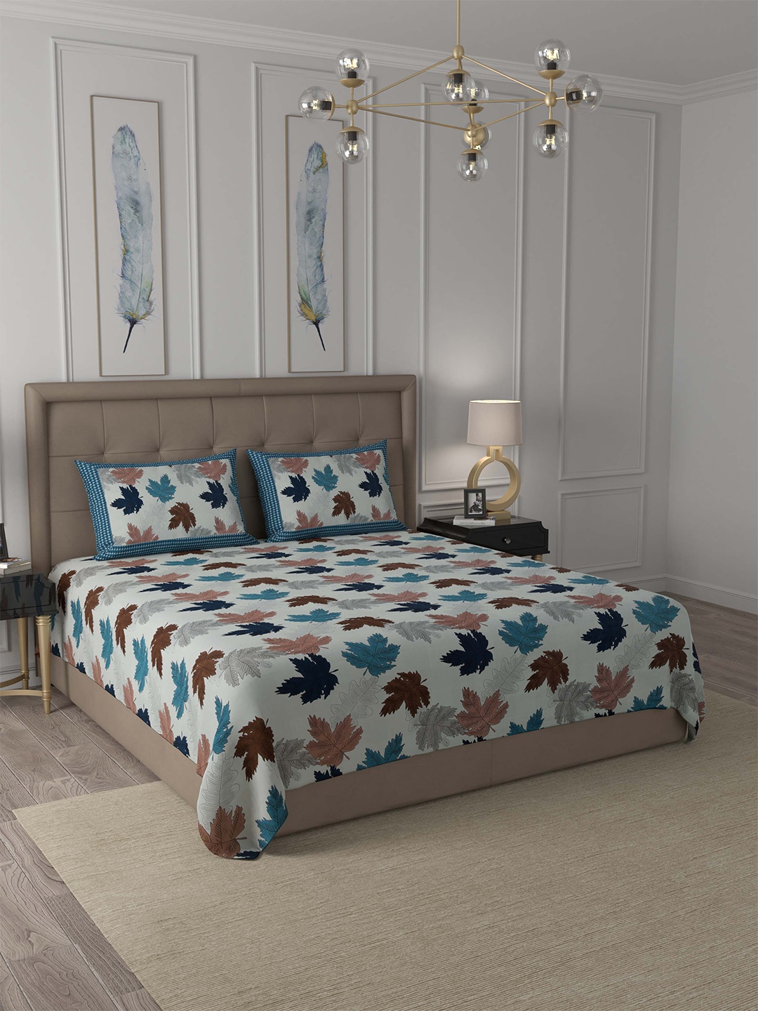 

JAIPUR FABRIC White & Blue Floral King Bedsheet with 2 Pillow Covers