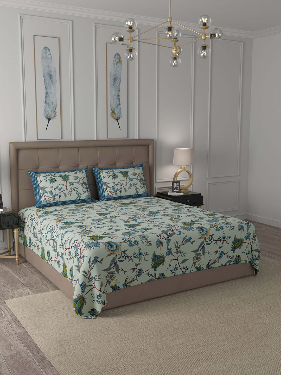 

JAIPUR FABRIC Green & Blue Floral Cotton 240TC King Bedsheet with 2 Pillow Covers