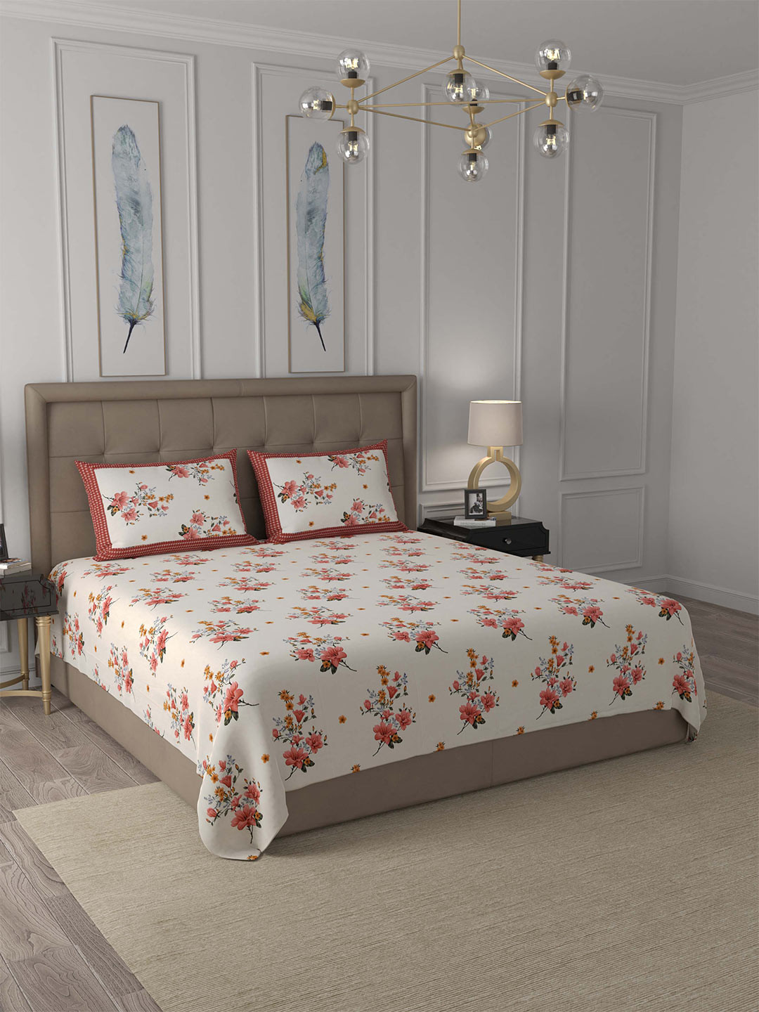 

JAIPUR FABRIC Red & Cream-Coloured Floral King Bedsheet with 2 Pillow Covers