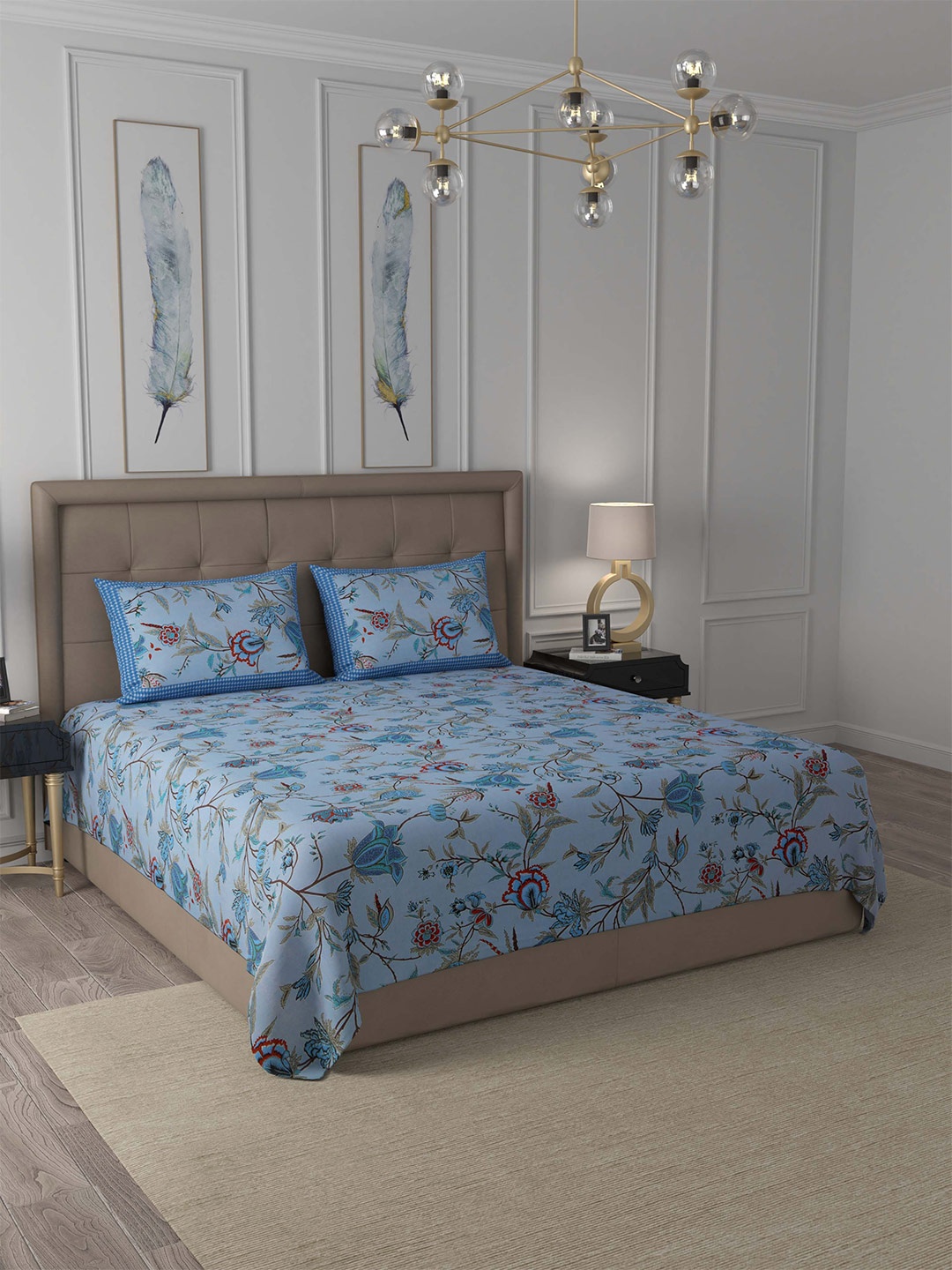 

JAIPUR FABRIC Blue & Brown Floral King Bedsheet with 2 Pillow Covers