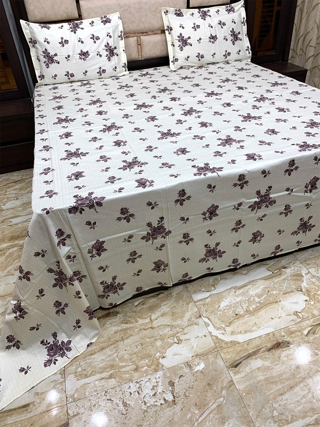 

Pure Decor Yellow & Purple Floral King Bedsheet with 2 Pillow Covers