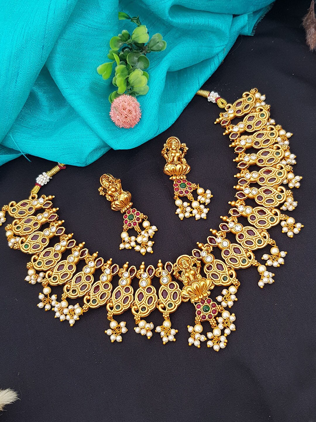 

GRIIHAM Gold-Plated Pink & Green AD-Studded & Pearls Beaded Laxmi Jewellery Set