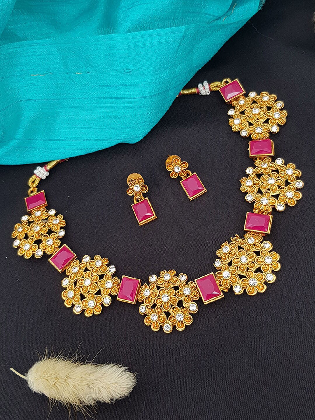 

GRIIHAM Gold-Plated Red AD-Studded Floral Short Jewellery Set