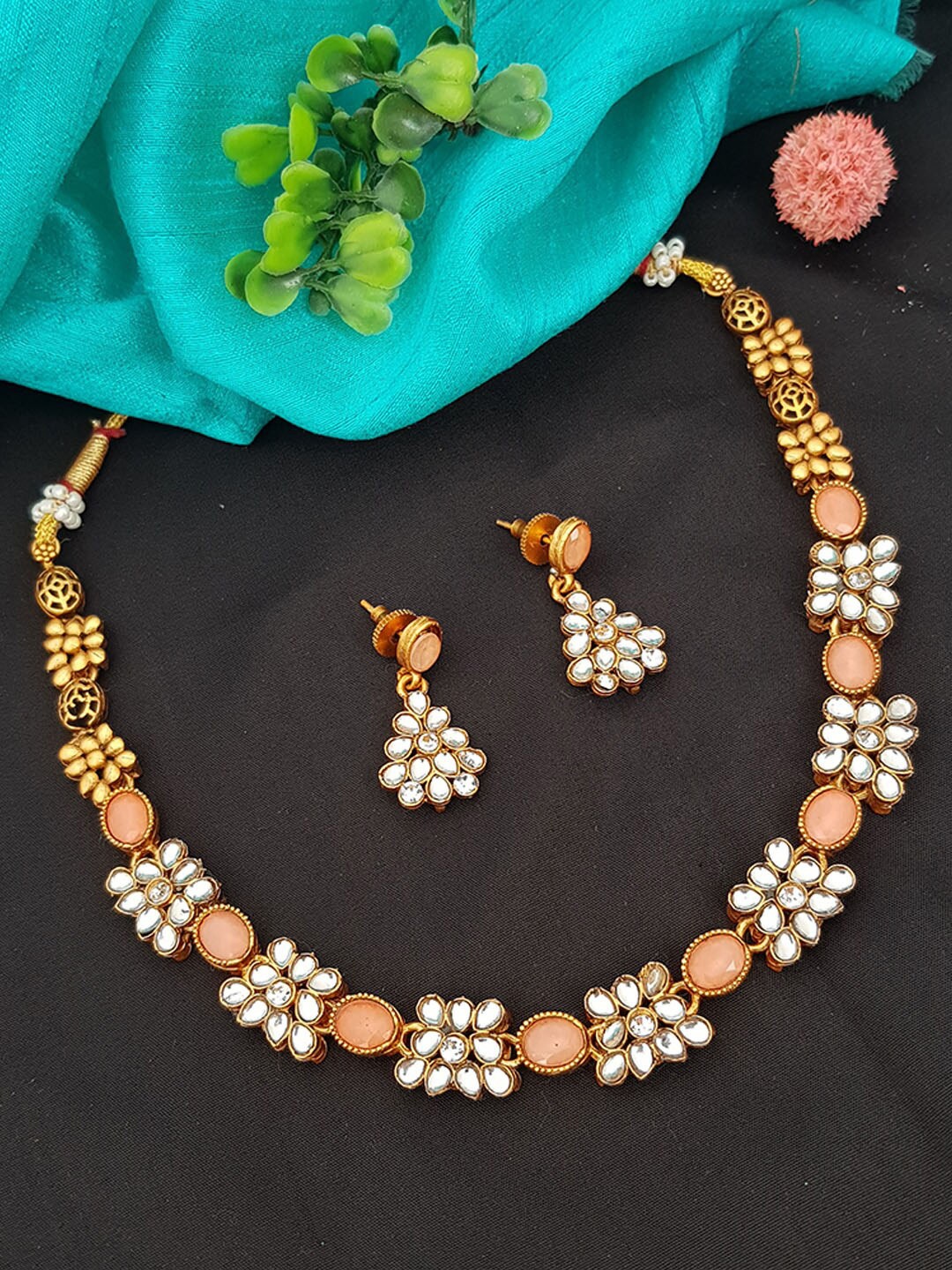 

GRIIHAM Gold-Plated Orange & White Stone-Studded Jewellery Set