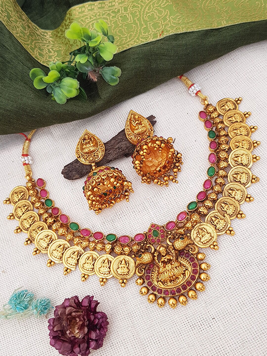 

GRIIHAM Gold-Plated Red & Green Stone-Studded Jewellery Set