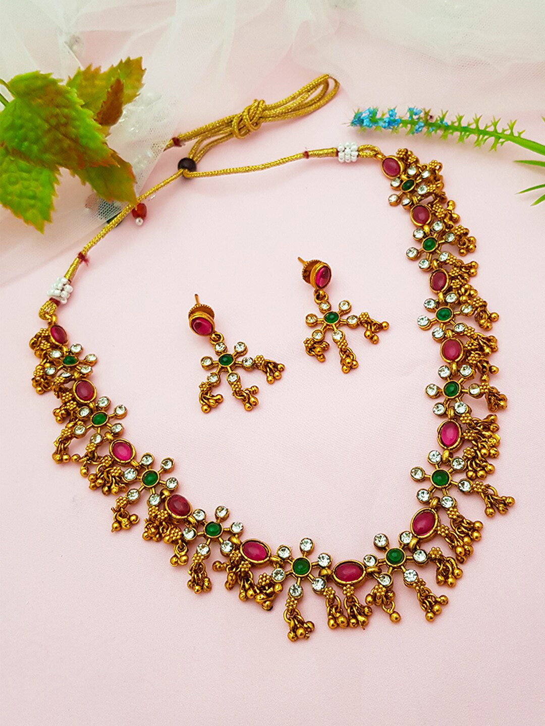 

GRIIHAM Gold-Plated Pink & Green AD-Studded Short Jewellery Set