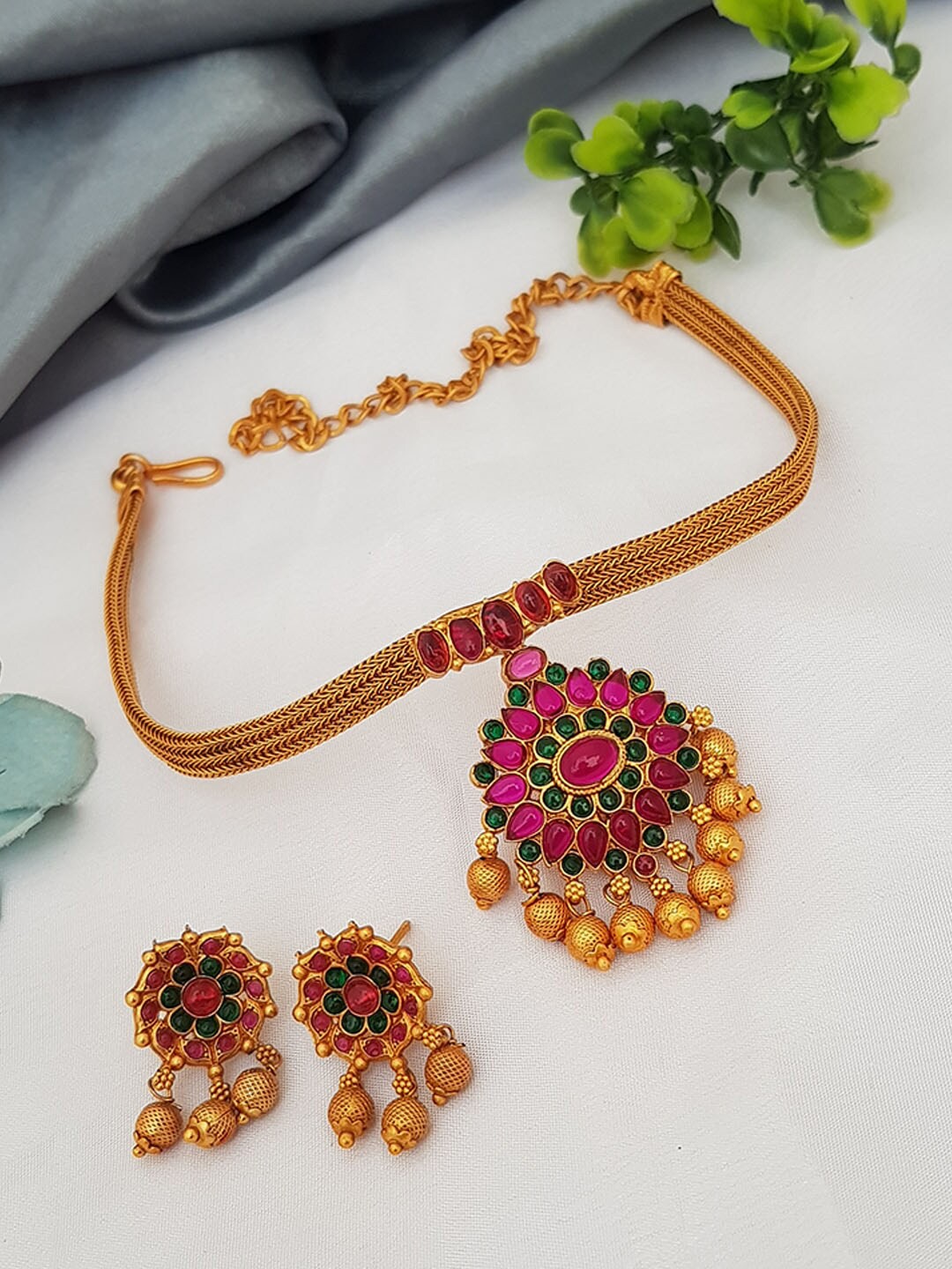 

GRIIHAM Gold Plated Green & Pink Stone-Studded Choker Set