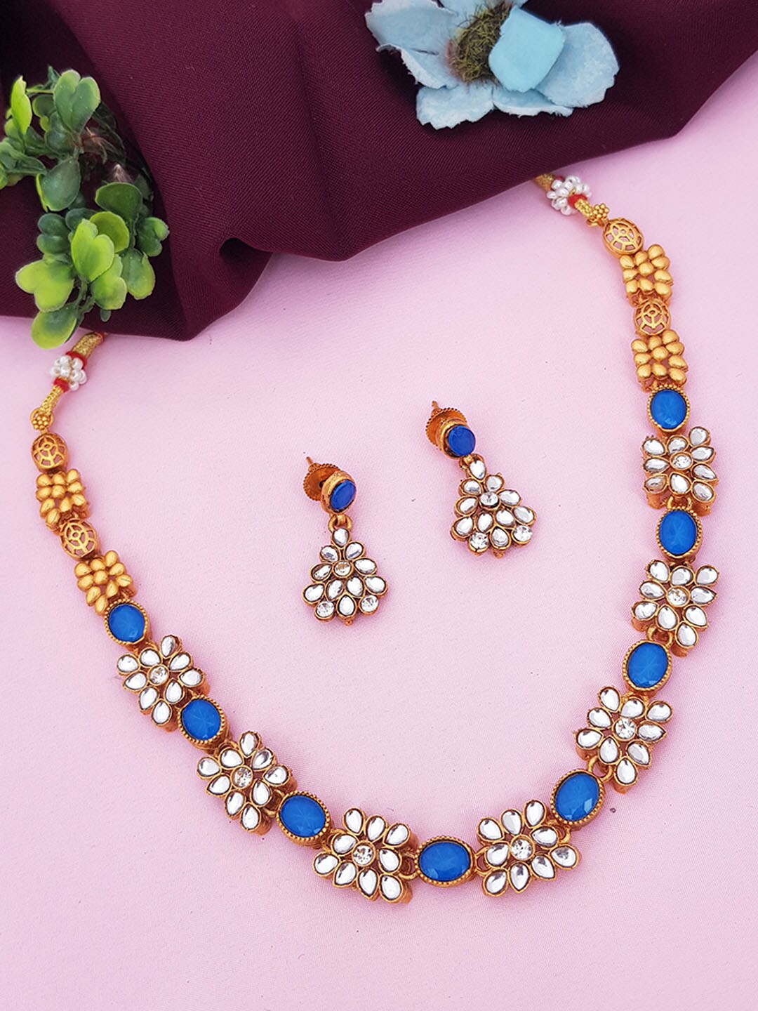 

GRIIHAM Gold-Plated Blue & White Stone-Studded Jewellery Set
