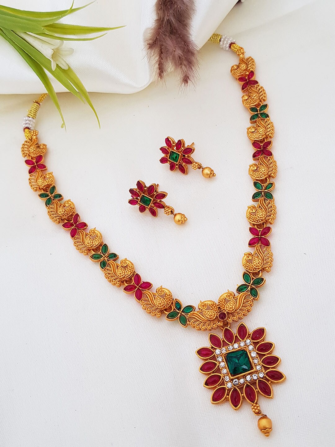 

GRIIHAM Gold-Plated Magenta & Green Stone-Studded Jewellery Set