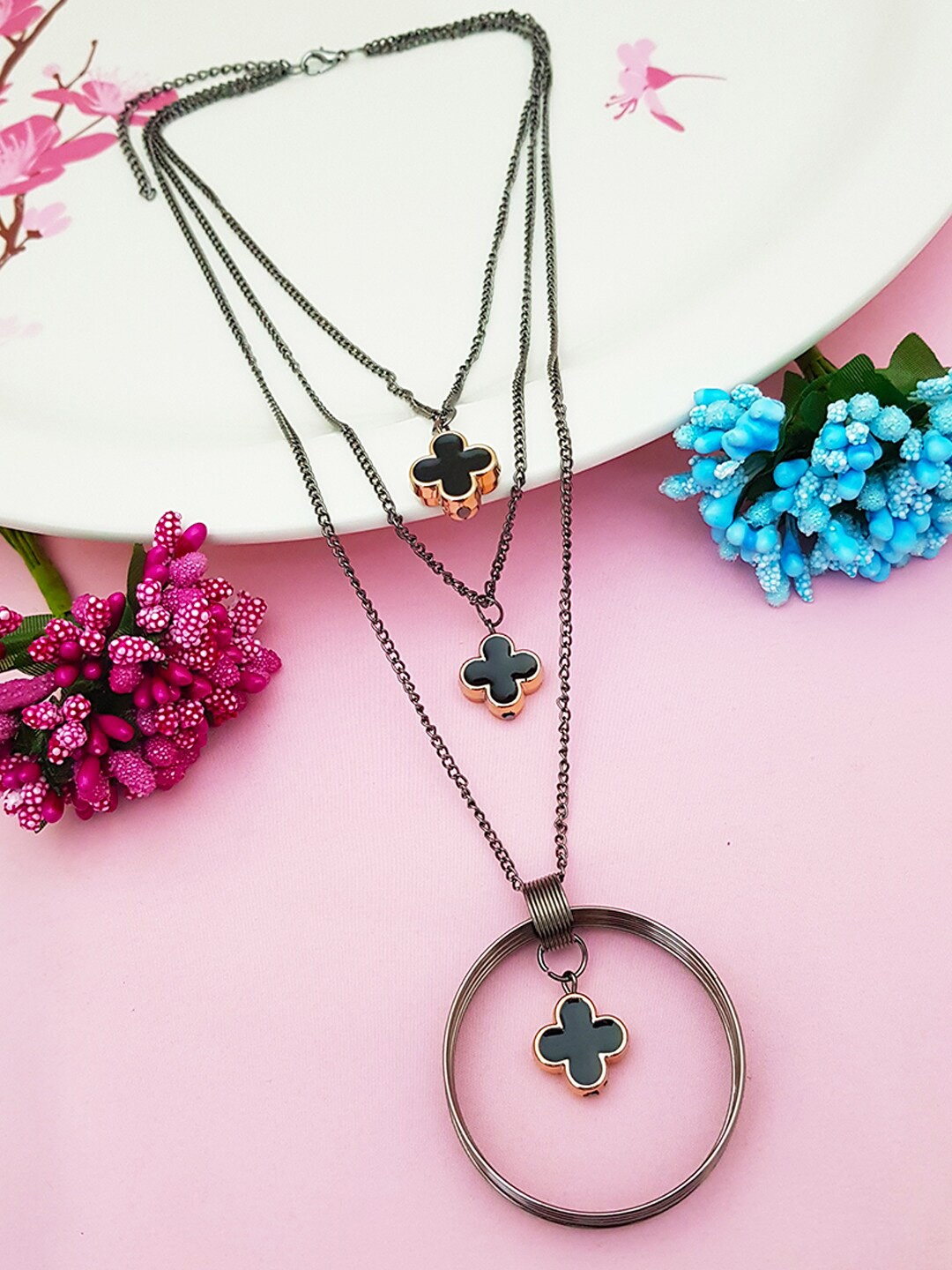 

GRIIHAM Silver-Toned & Black Layered Necklace