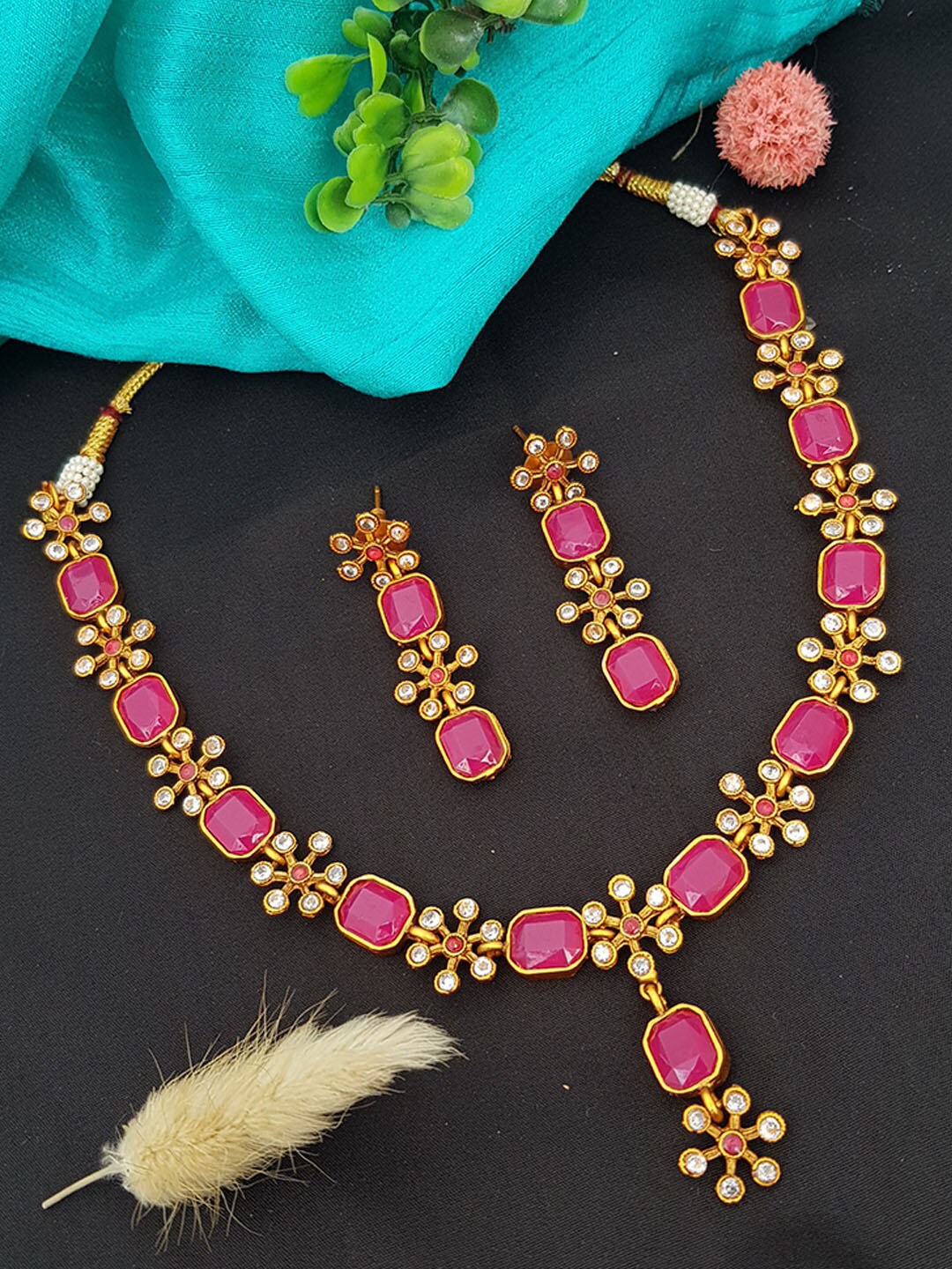

GRIIHAM Gold-Plated Red Stone-Studded Jewellery Set