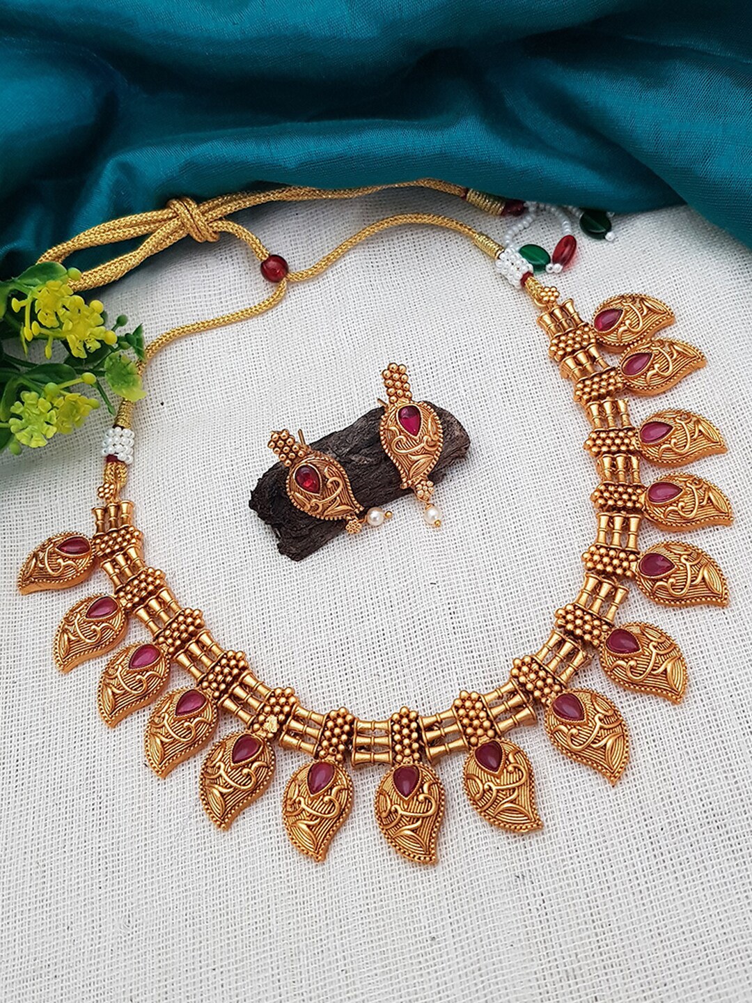

GRIIHAM Gold-Plated Red AD-Studded Jewellery Set