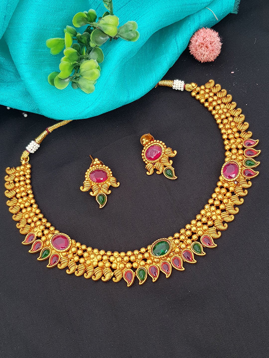 

GRIIHAM Gold-Plated Pink & Green Stone-Studded Jewellery Set