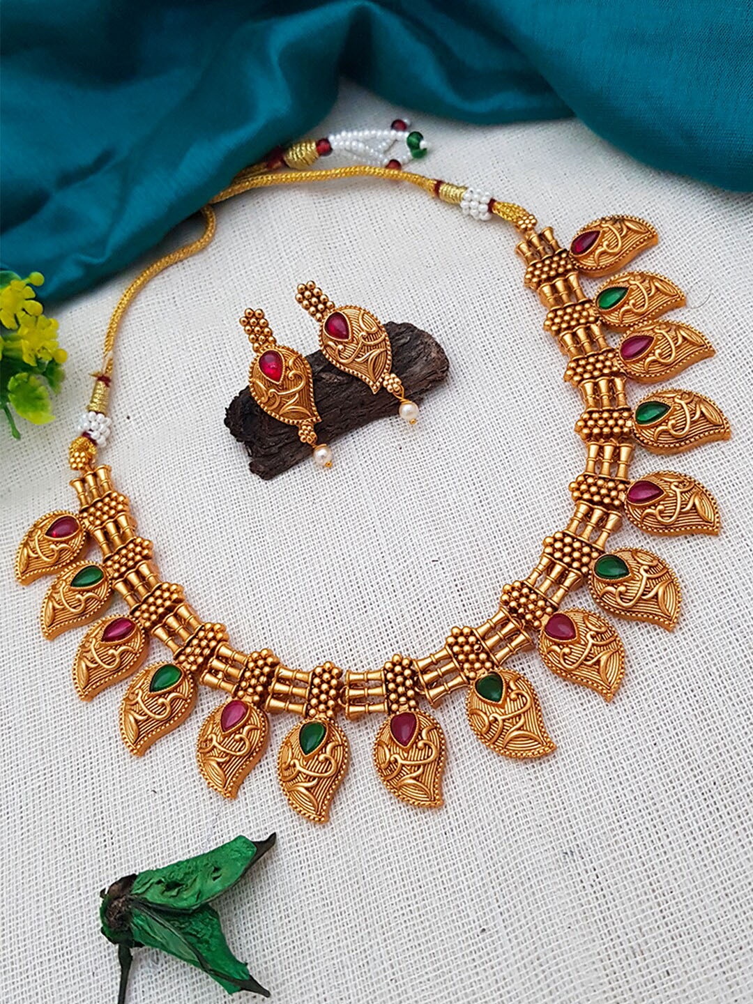 

GRIIHAM Gold-Plated Red & Green Stone-Studded Jewellery Set