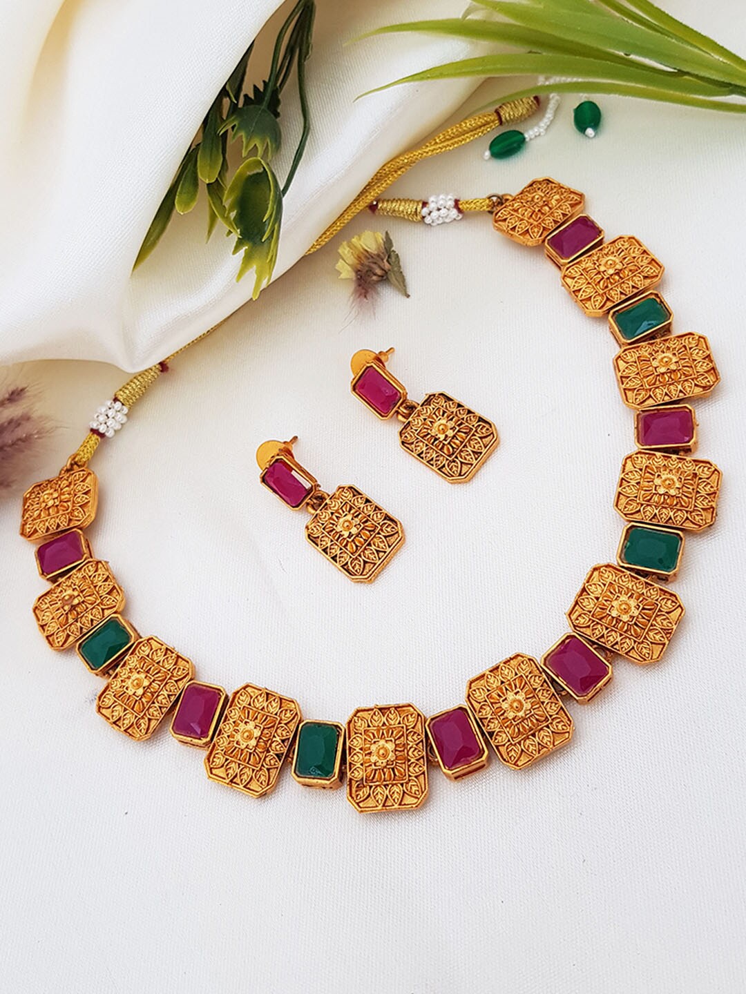 

GRIIHAM Gold-Plated Pink & Green Stones-Studded & Beaded Jewellery Set