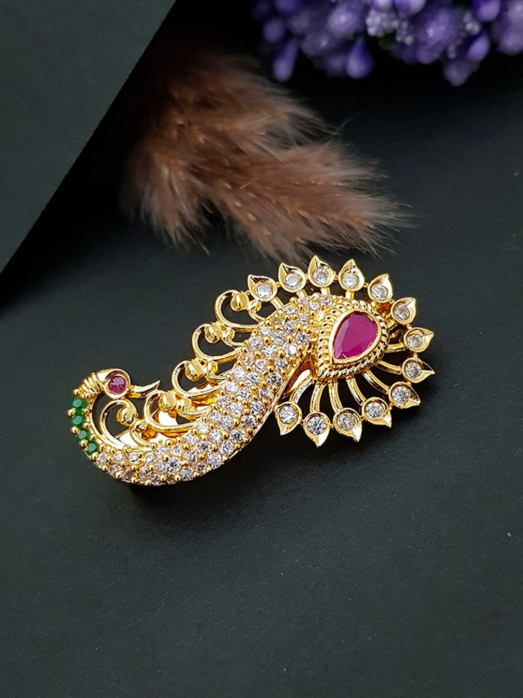 

GRIIHAM Women Gold-Toned & Pink AD Stones Saree Pin