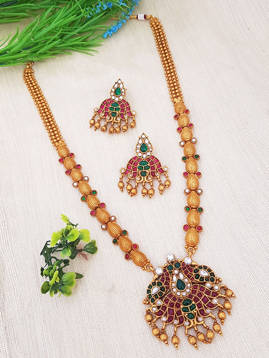 

GRIIHAM Gold-Plated Magenta & Green AD-Studded Jewellery Set