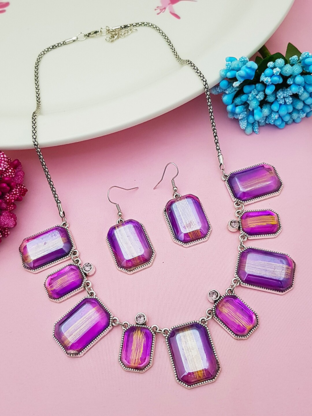 

GRIIHAM Gold-Plated Blue Stone-Studded Jewellery Set