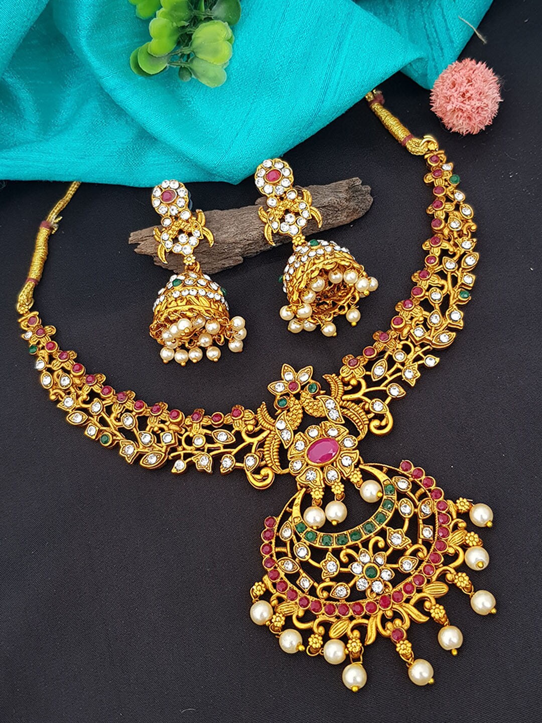 

GRIIHAM Gold-Plated Pink, Green & White Stone-Studded & Beaded Jewellery Set