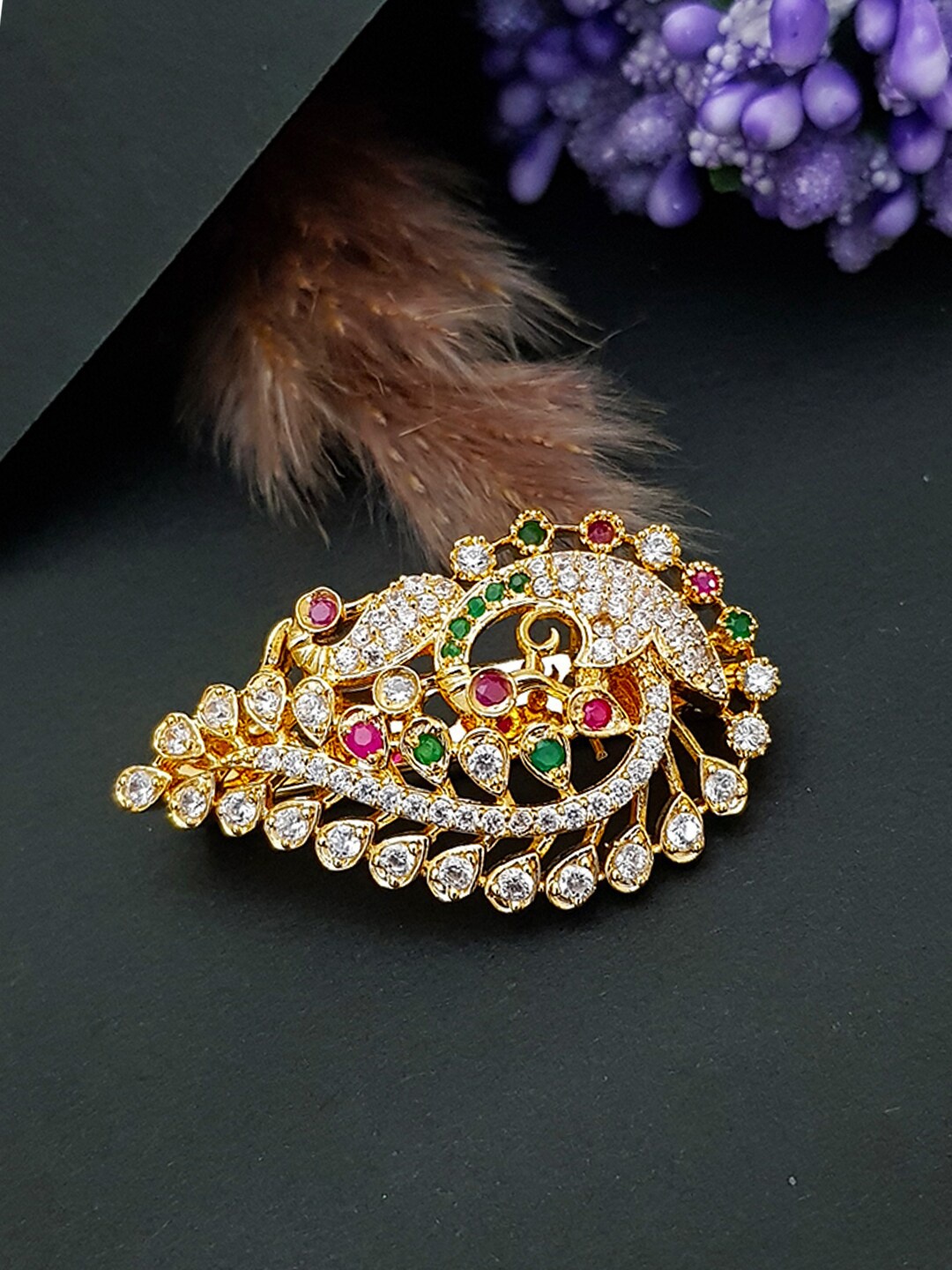 

GRIIHAM Gold-Plated Red & Green AD-Stones Studded Saree Pins