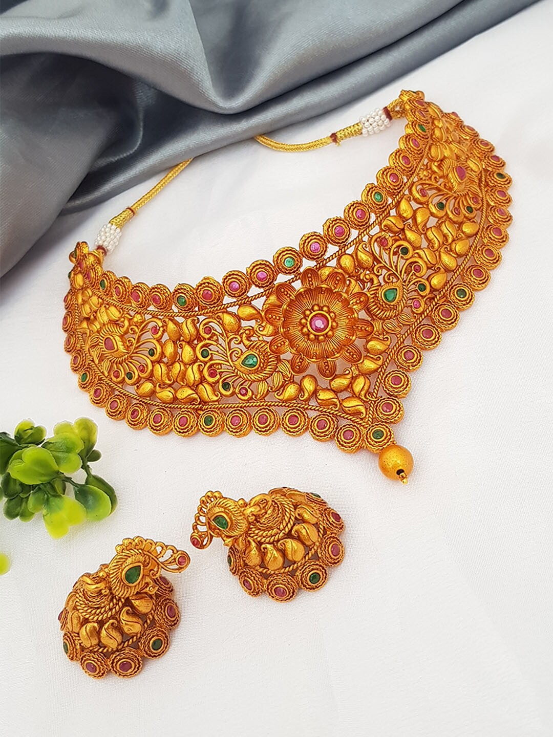 

GRIIHAM Gold-Plated Red & Green Stone-Studded Jewellery Set