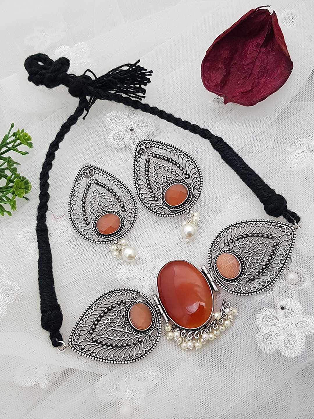 

GRIIHAM Silver-Plated Peach Colored & White Stone-Studded & Beaded Oxidised Jewellery Set