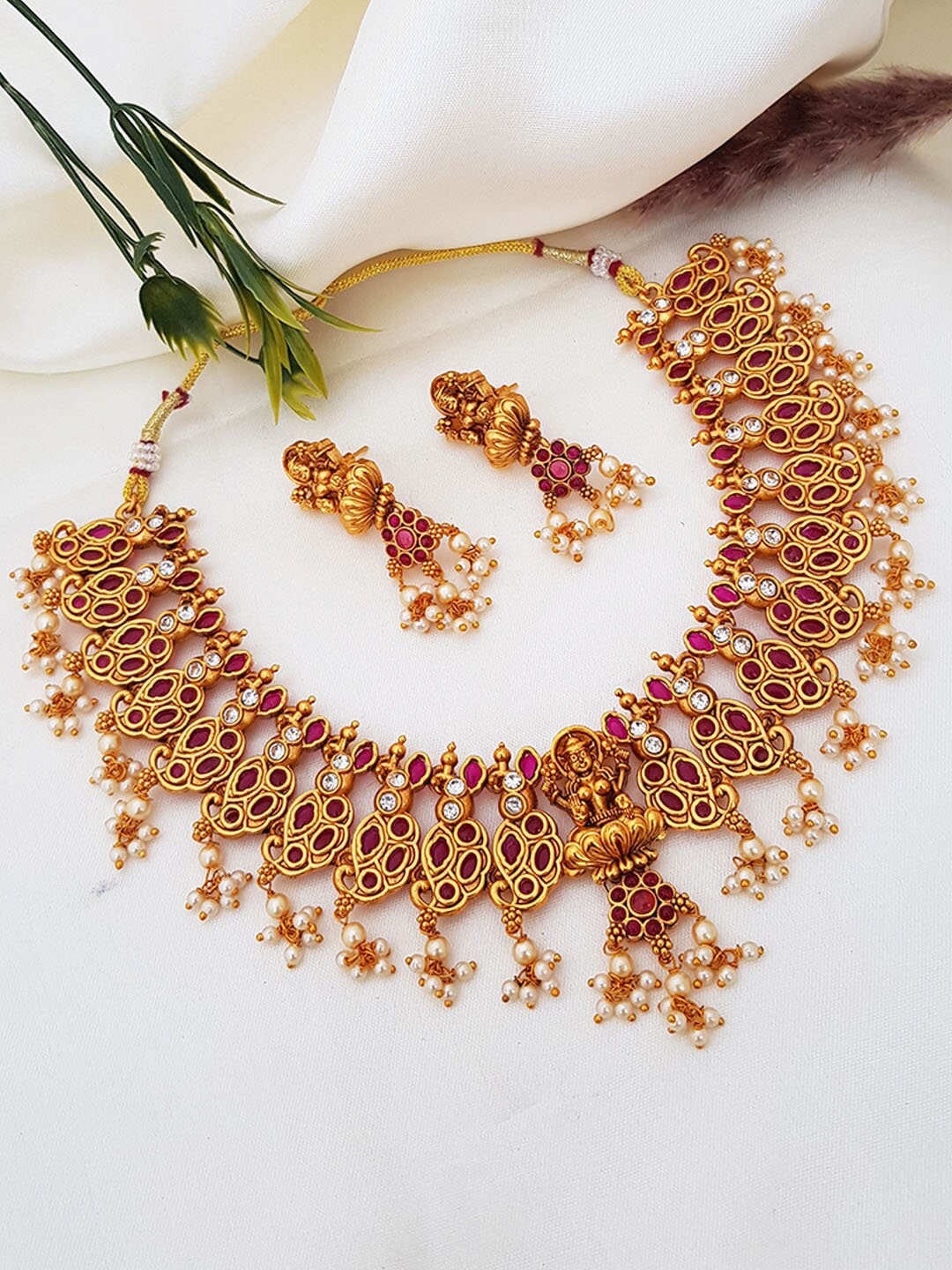 

GRIIHAM Gold-Plated Red & White Stone-Studded & Beaded Temple Jewellery Set