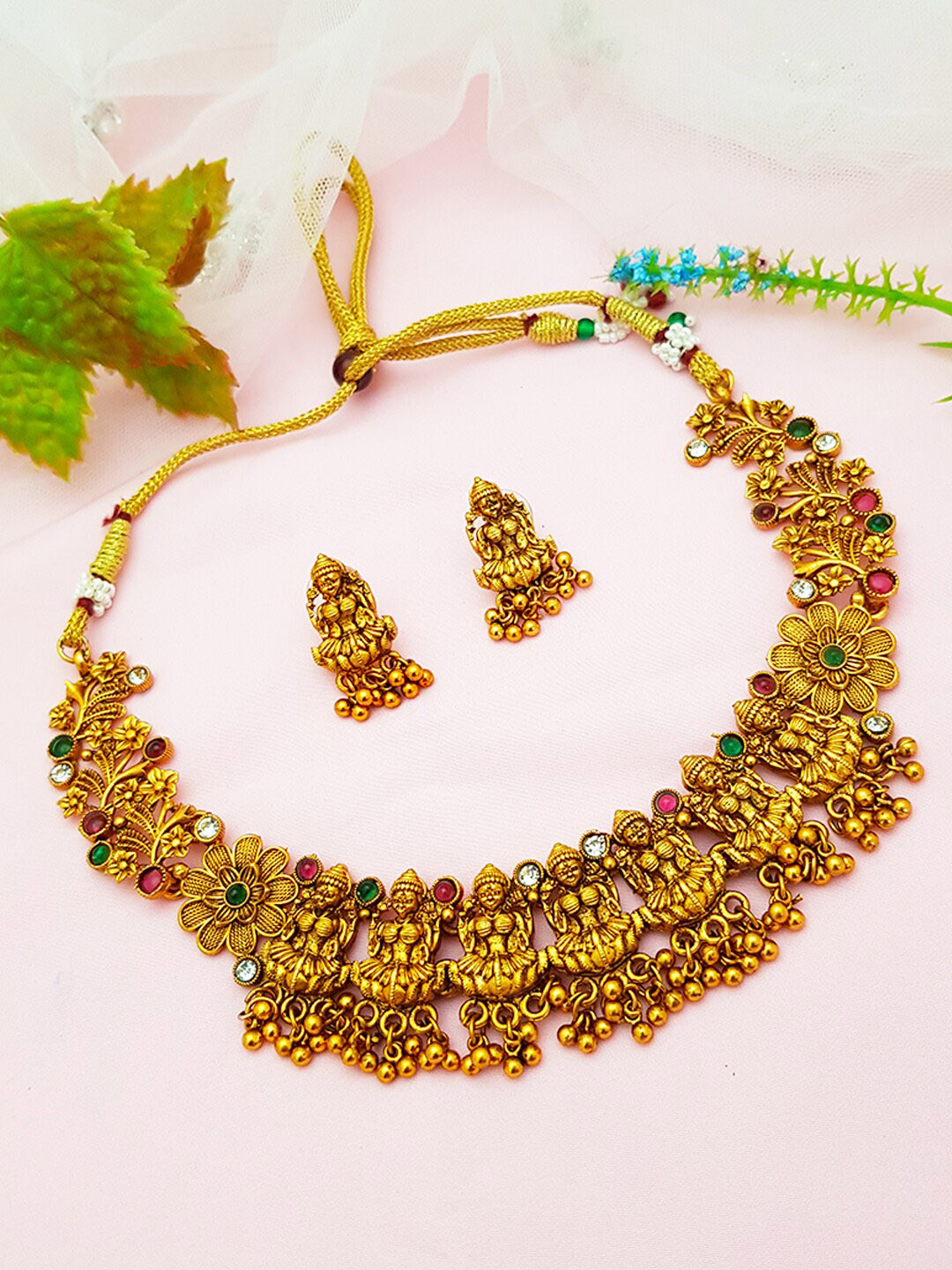 

GRIIHAM Gold-Plated Red & Green AD-Studded Jewellery Set