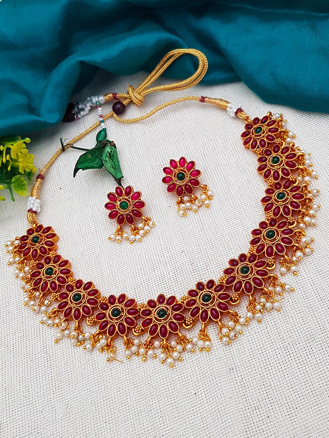 

GRIIHAM Gold-Plated Pink & Green Stones-Studded Jewellery Set