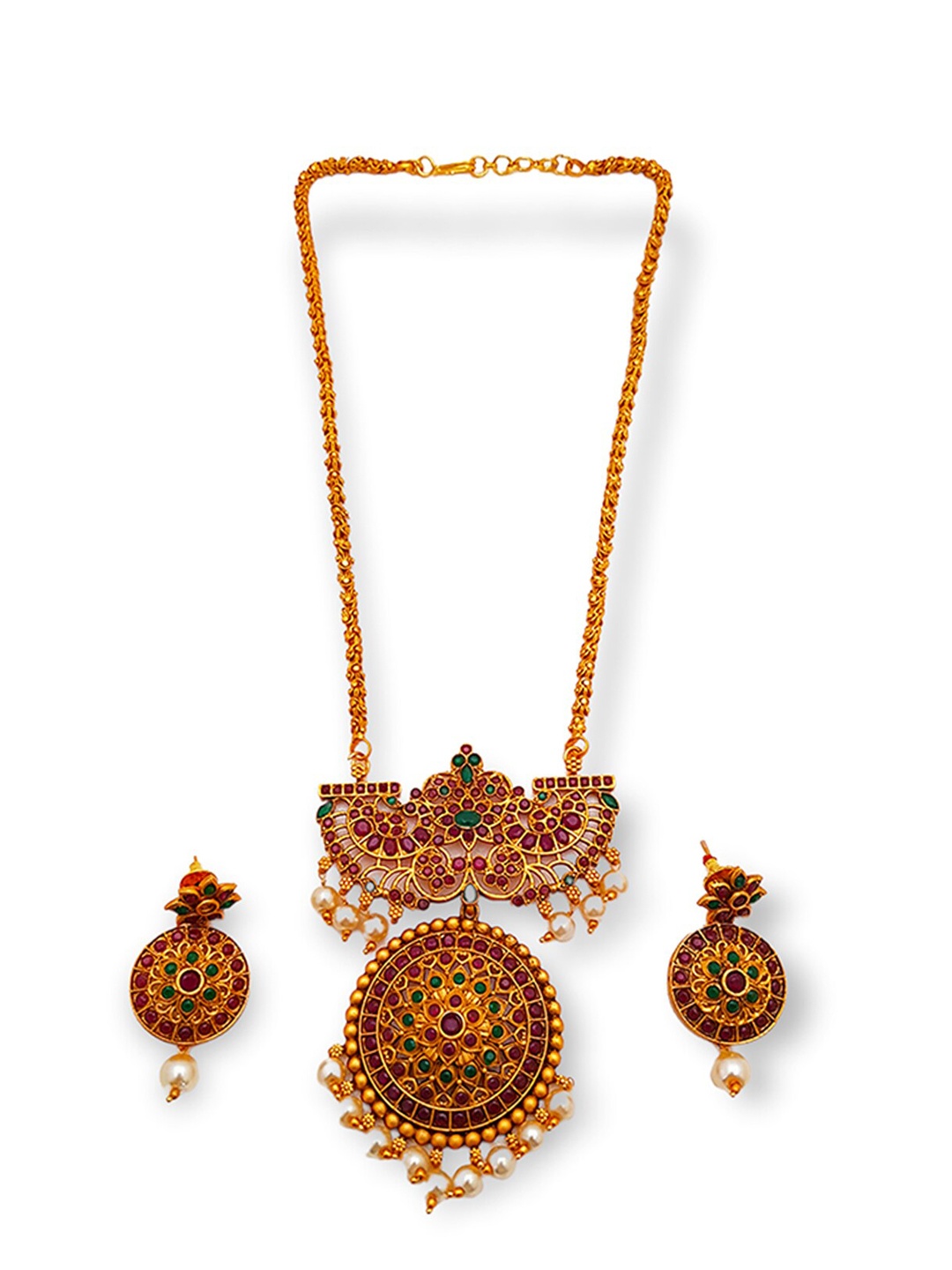 

GRIIHAM Gold-Plated Red & Green AD-Studded & Pearl-Beaded Jewellery Set
