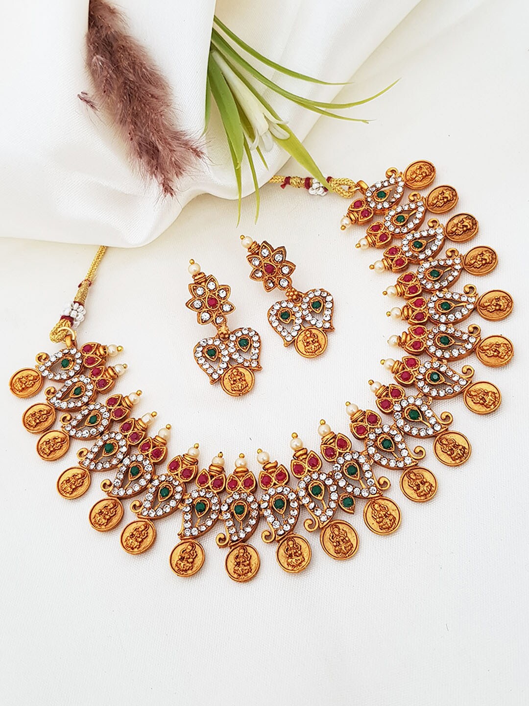 

GRIIHAM Gold-Plated Pink & Green Stone-Studded Jewellery Set