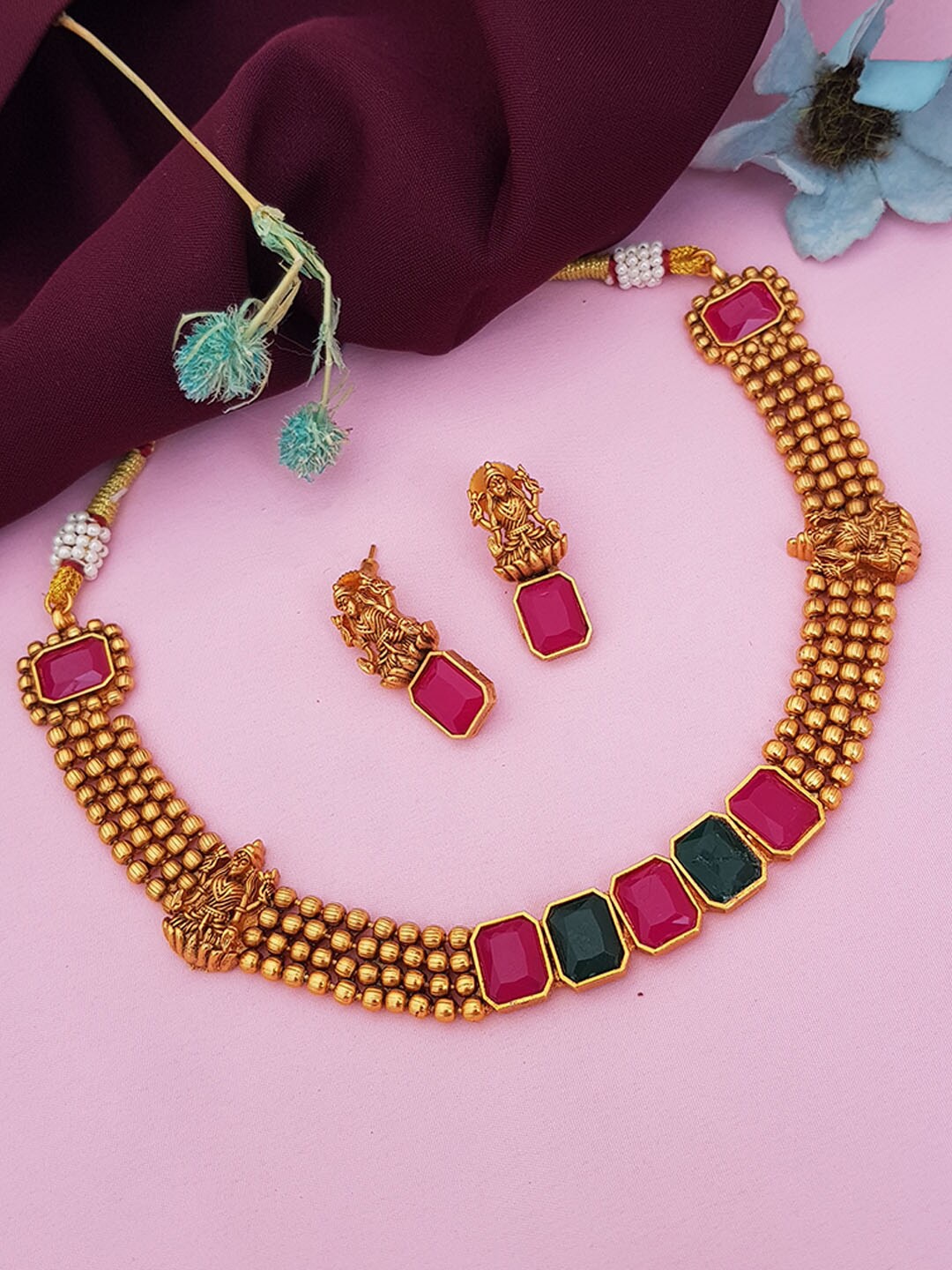 

GRIIHAM Gold-Plated Pink & Green AD-Studded Jewellery Set