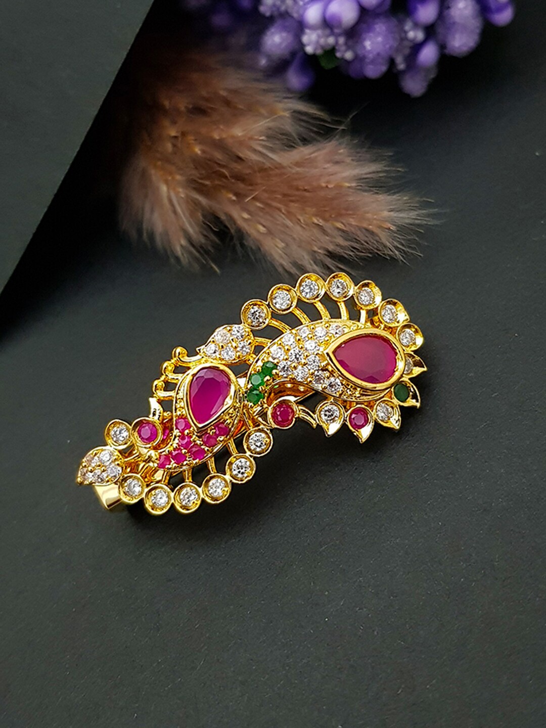 

GRIIHAM Gold Plated Pink Saree Pins With AD Stones