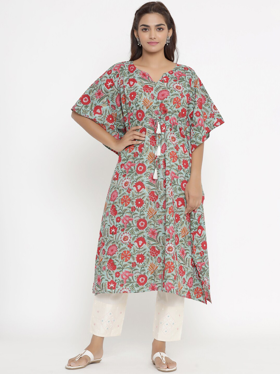 

MIRAVAN Women Sea Green Floral Printed Flared Sleeves Mirror Work Kurta
