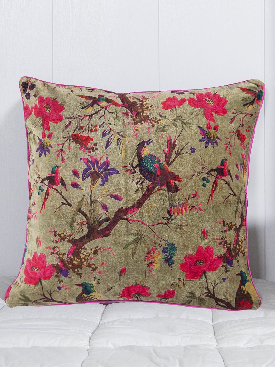 

HANDICRAFT PALACE Green & Pink Floral Velvet Square Cushion Cover