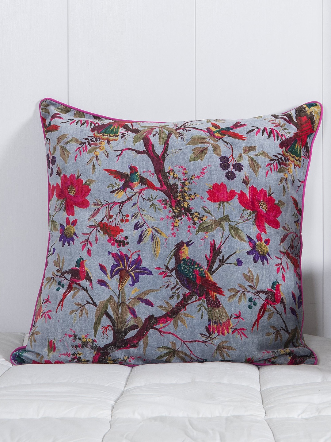 

HANDICRAFT PALACE Grey & Magenta Floral Printed Velvet Square Cushion Covers