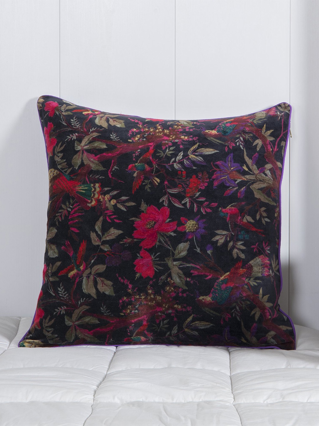 

HANDICRAFT PALACE Black & Pink Floral Velvet Square Cushion Cover