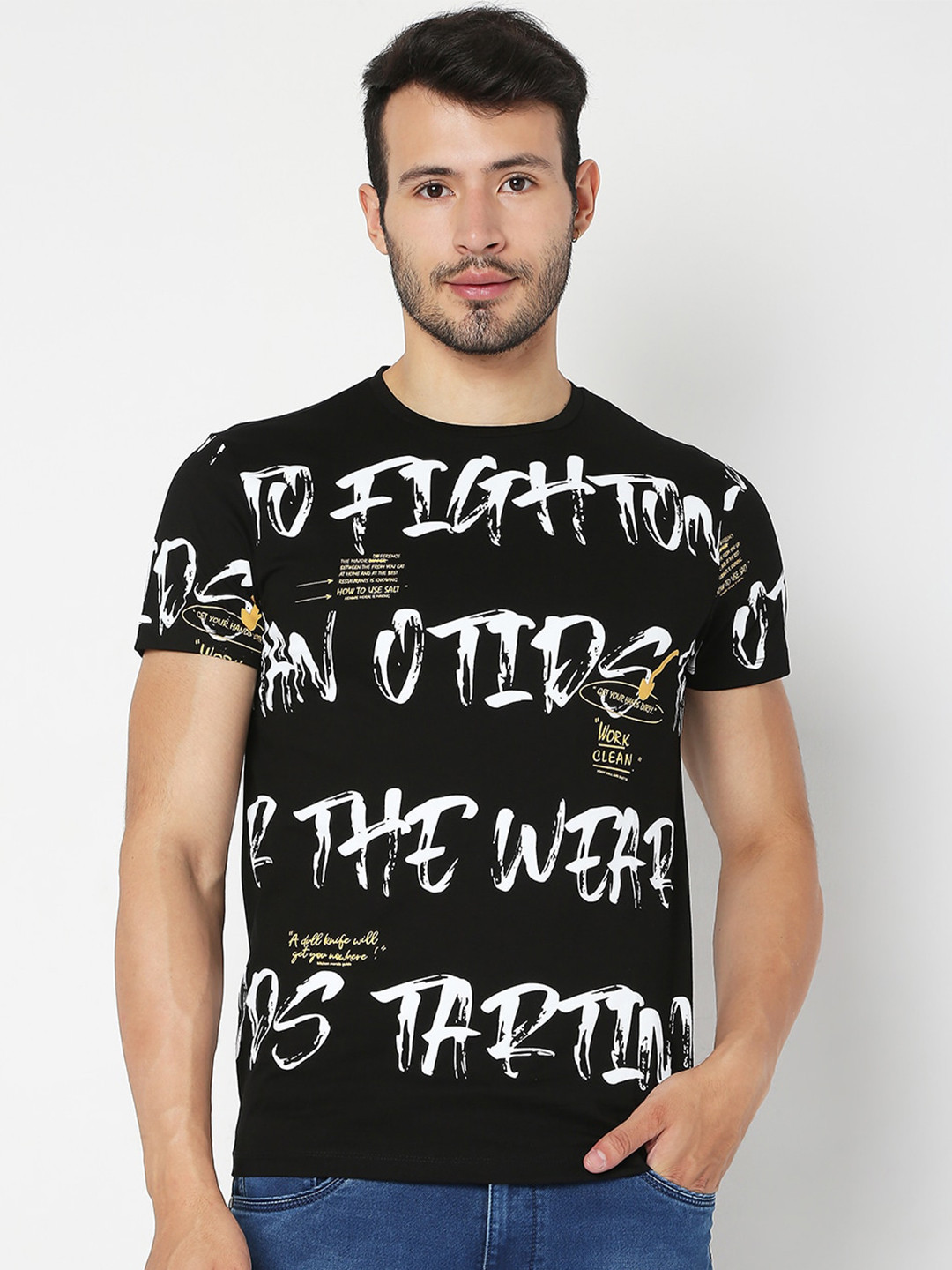 

Rex Straut Jeans Men Black Typography Printed Slim Fit T-shirt