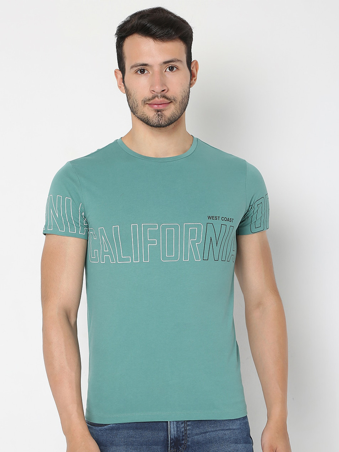 

Rex Straut Jeans Men Sea Green Printed Slim Fit T-shirt