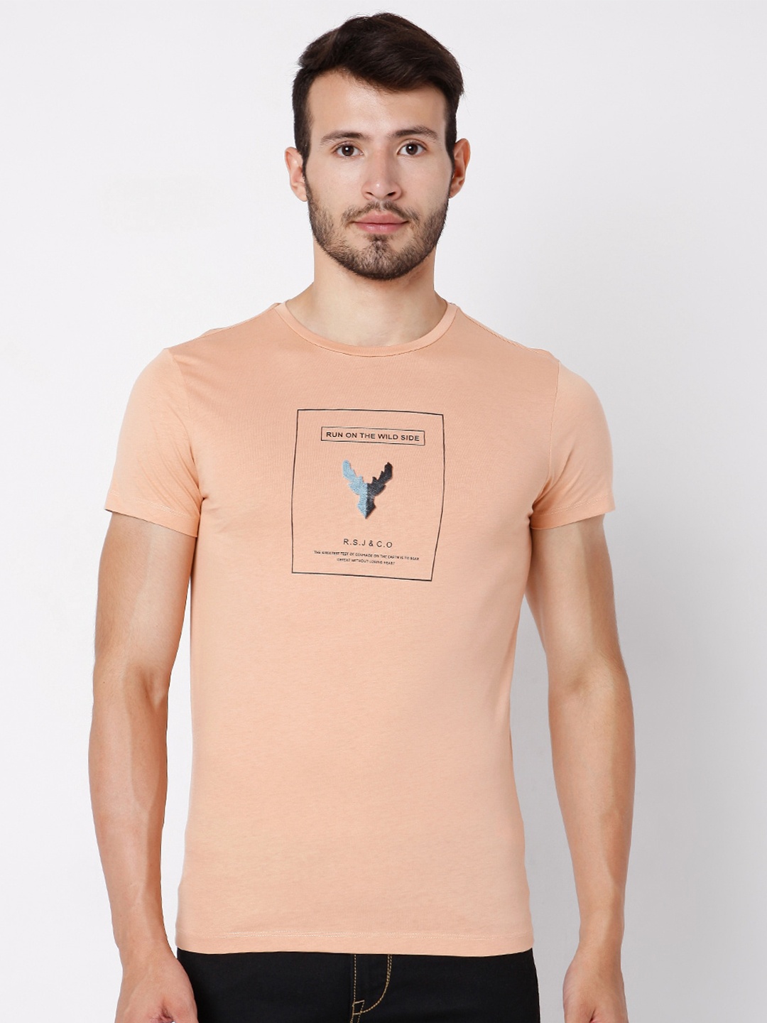 

Rex Straut Jeans Men Peach Typography Printed Slim Fit Cotton T-shirt