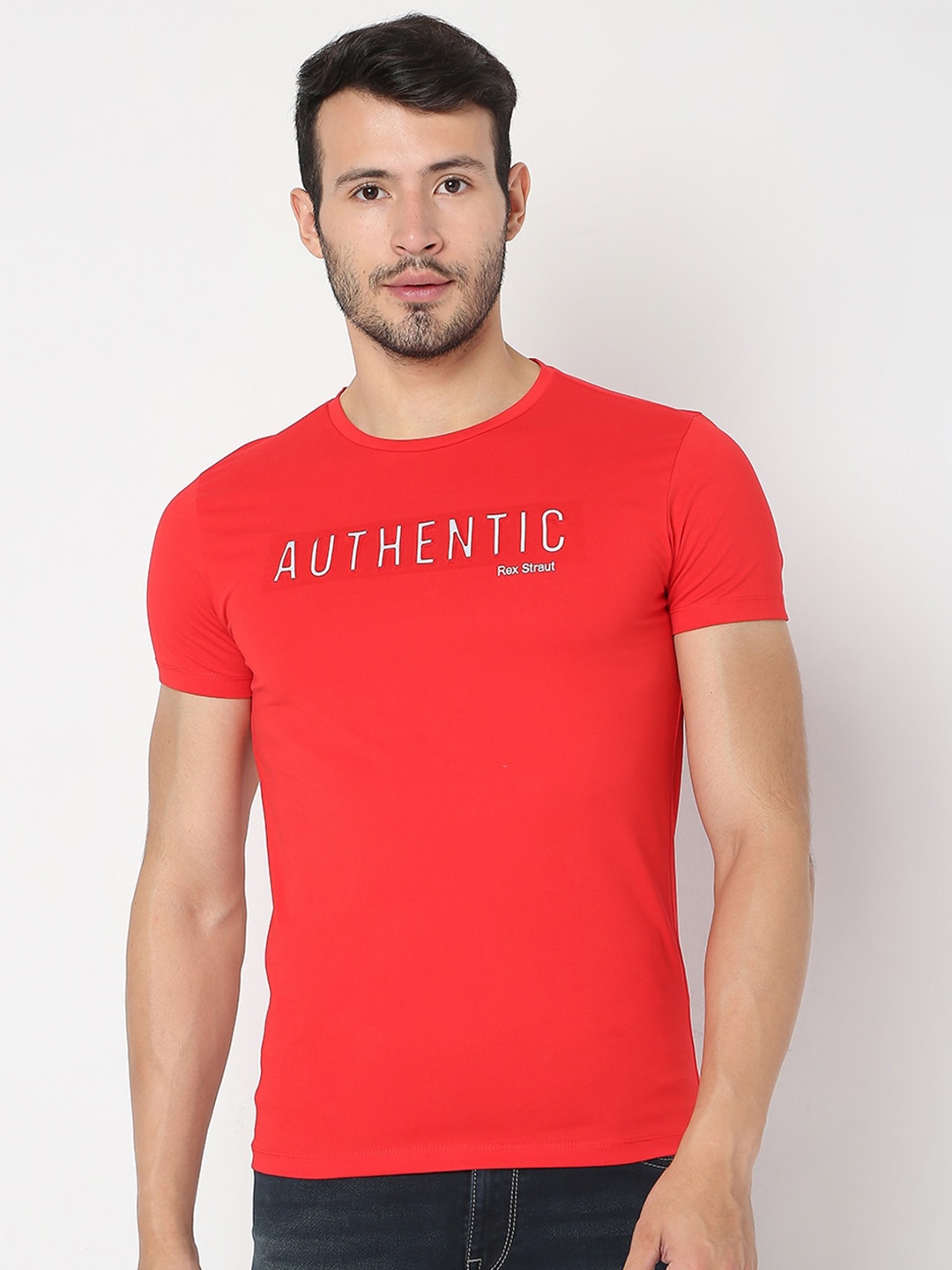 

Rex Straut Jeans Men Red Typography Printed Slim Fit T-shirt