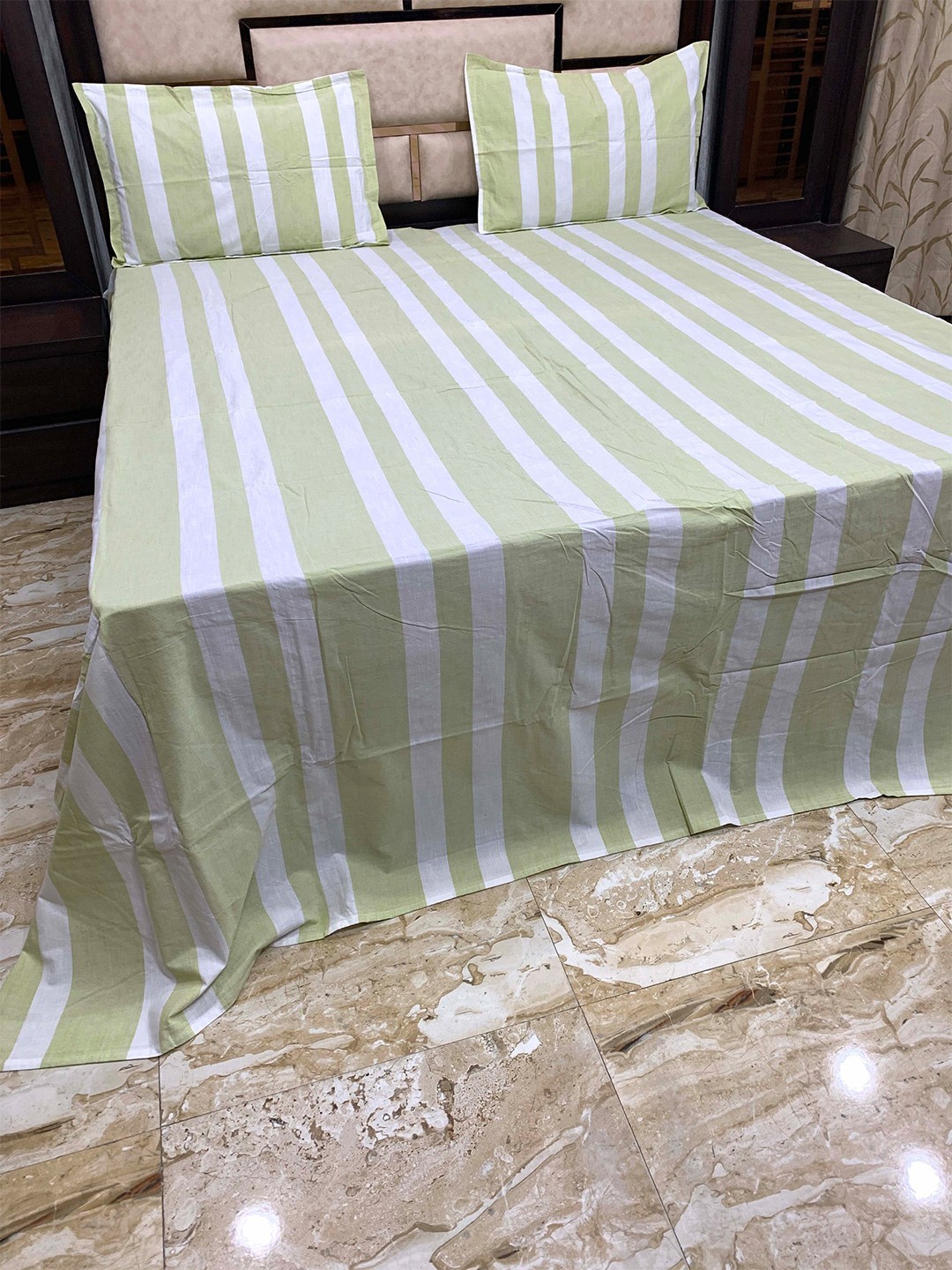 

Pure Decor Green Striped 400 TC King Bedsheet With Pillow Covers